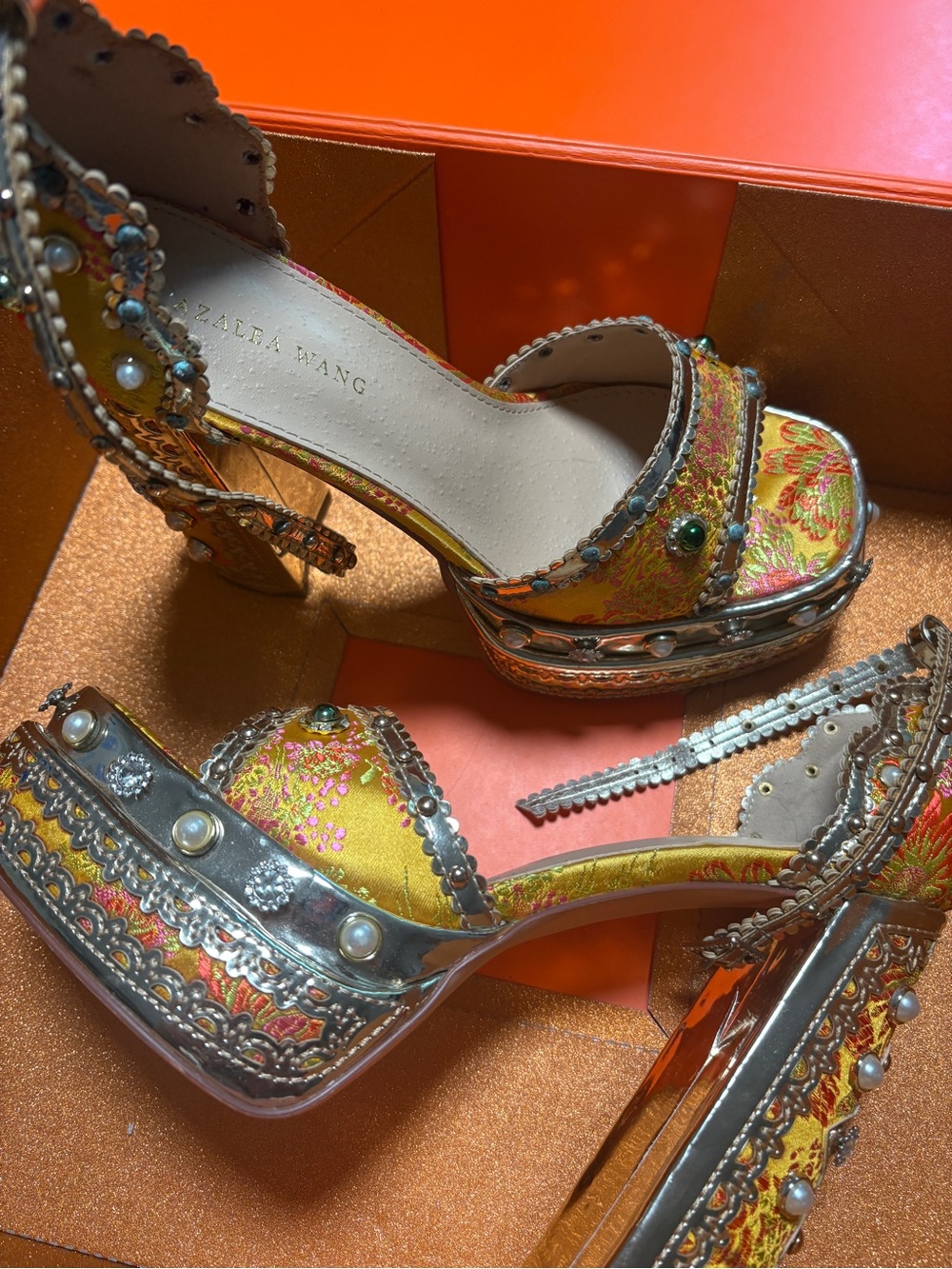 Azalea Wang Yellow and Silver Embroidered Platform Heels